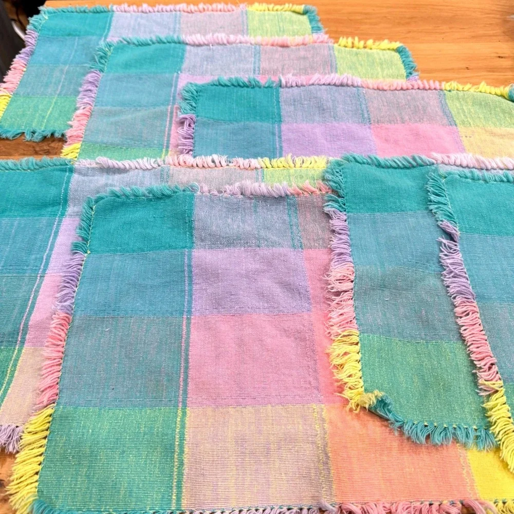 Vintage 90s Pastel Rainbow Checkered Woven Fringed Placemats Set of 7 Boho Color